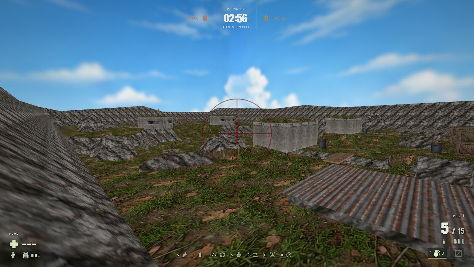 First-person view through the PSG-1 sniper reticle toward the middle of Bunkers