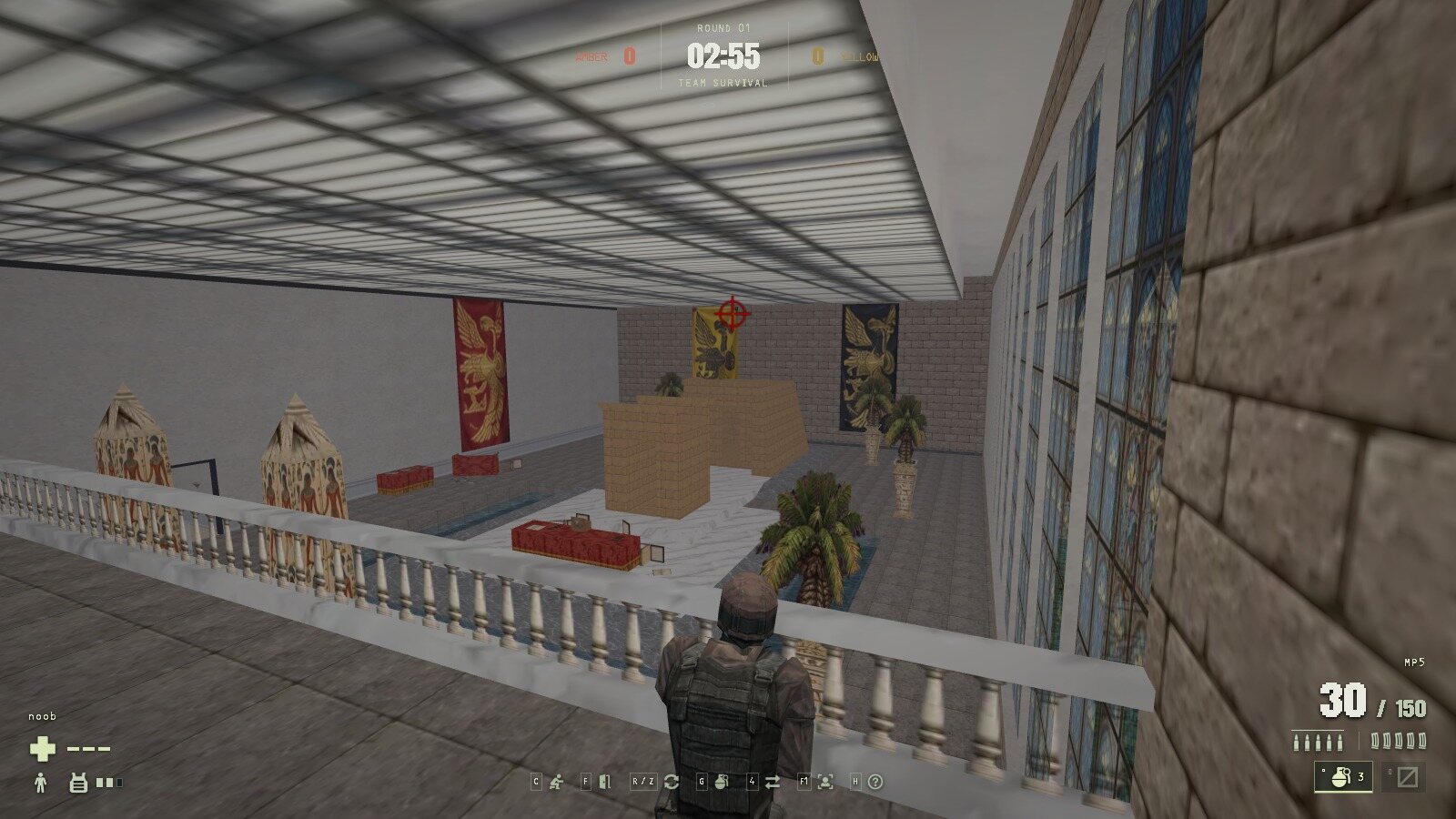 Third-person view with the HUD of an operator on a balcony overlooking the atrium of The Met